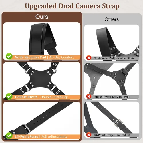 Miniatura 5 de Jumyee Double Camera Harness for 2 Cameras, Adjustable Dual Shoulder Leather Camera Strap for DSLR/SLR
