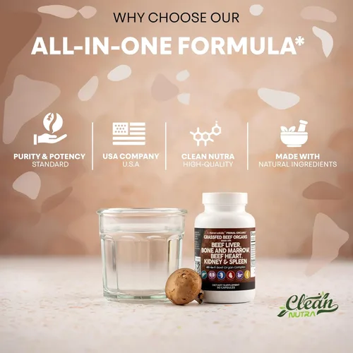 Miniatura 7 de Cápsulas de hígado de res alimentada con pasto de Clean Nutraceuticals - Suplemento de calidad premium empaquetado con corazón de res, bazo