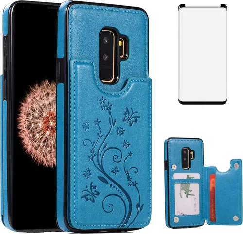 Funda de teléfono para Samsung Galaxy S9 Plus con protector de pantalla de vidrio templado, tarjetero con soporte para tarjetero, soporte para celda
