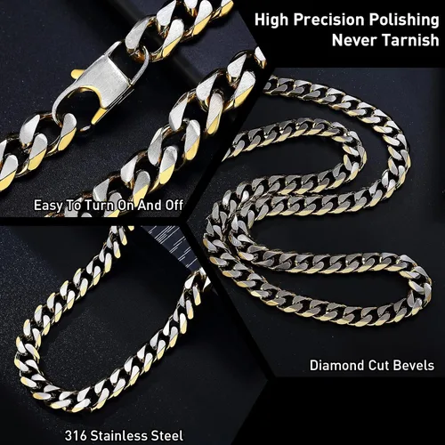 Miniatura 16 de YAMI Cadena de eslabones cubanos para hombre, azul/negro/oro de 14 quilates, acero inoxidable de 0.394-0.472 in de grosor, collar de cadena