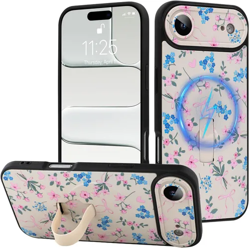 Miniatura 122 de Funda diseñada para iPhone 17 Pro Max con soporte plegable y correa para dedos, bonito patrón de lazo de corazón de flor rosa para mujeres y niñas