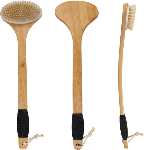 Miniatura 2 de OWIIZI Cepillo de limpieza de espalda para ducha, cerdas de jabalí rígidas de bambú, curvadas de mango largo, cepillo de baño antideslizante