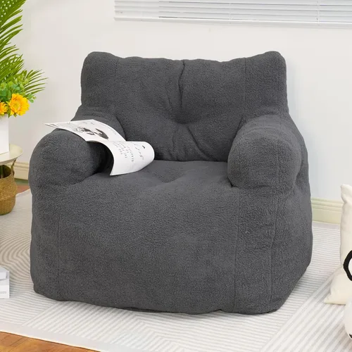 Miniatura 3 de DKLGG Puf para adultos, puf gigante con relleno incluido, de piel sintética, sofá de espuma viscoelástica, con reposabrazos para sala de estar, Gris