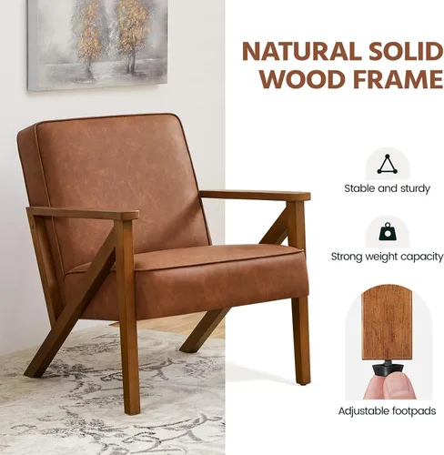 Miniatura 8 de Yaheetech Silla Decorativa, Sillón con Estructura de Madera Resistente, Silla de Estar Moderna y Retro de Piel Sintética para Sala de Marrón claro