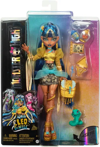 Miniatura 6 de Muñeca Monster High Cleo De Nile con blusa dorada y falda de capas, incluye cobra mascota Hissette y accesorios como mochila, snack y pergamino