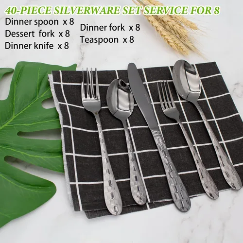 Miniatura 3 de Juego de cubiertos negros de 40 piezas para 8, cubiertos de acero inoxidable 18/10 para 8, elegante diseño de panal de abeja, incluye cuchillo
