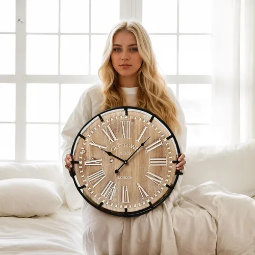 Reloj de pared Grand Farmhouse de 20 pulgadas, diseño de madera y metal de inspiración vintage con grandes números grabados, reloj silencioso