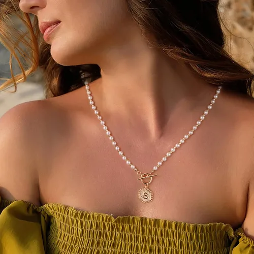 Miniatura 4 de Collar de perlas con inicial de oro para mujer, chapado en oro de 14 quilates, hecho a mano de 0.197in, collar de perlas de imitación redondo