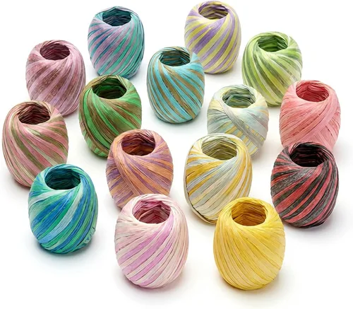 Cinta de papel de rafia multicolor, 15 rollos para envolver cajas de regalo y decoración de bricolaje (teñido degradado de 3 colores)