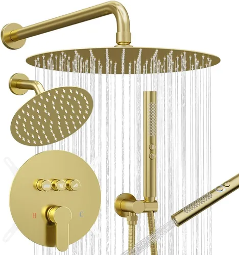 Miniatura 10 de Sistema de ducha dorado cepillado, grifo de ducha de cinco funciones, perilla desviadora de lluvia con 2 en 1 de mano, montaje de techo de 10