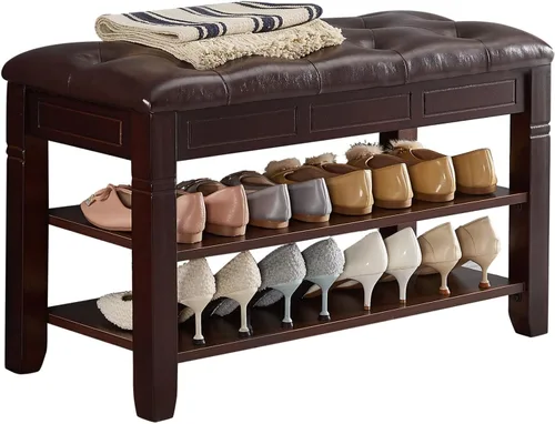 Miniatura 10 de Banco de almacenamiento de zapatos, zapatero de entrada con asiento de cuero de fibra de 2 niveles, organizador superior de madera para entrada