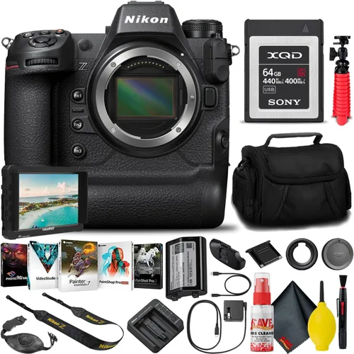Nikon Cámara sin espejo Z9 con formato FX (solo cuerpo) (1669) + tarjeta de memoria XQD de 64 GB + monitor HD de 7 pulgadas + software de edición +