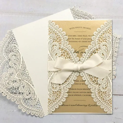 Miniatura 2 de 25 invitaciones de boda de 5 x 7 pulgadas con sobres, corte láser de encaje hueco con cintas elegantes, para boda, despedida de soltera, compromiso