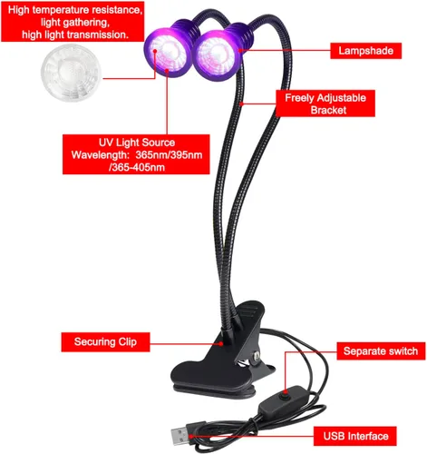Miniatura 7 de YXO YUXINOU Accesorio negro con cuello de cisne y abrazadera para curado UV de uñas de gel UV, portátil, doble cabeza, luz negra UV de 5 V, entrada
