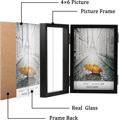 Miniatura 2 de Marco de fotos triple de 4x6 con bisagras para 3 fotos, marcos de fotos plegables con vidrio y soporte vertical, negro