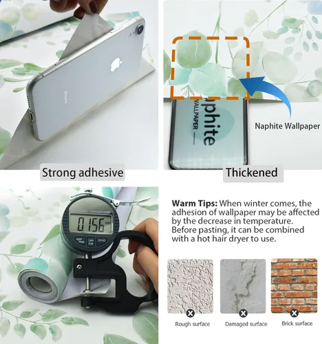 Miniatura 3 de Naphite Papel tapiz floral para despegar y pegar, papel de contacto bohemio para armarios y cajones, papel de contacto de hojas florales verdes