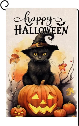 BLKWHT Bandera de jardín de gatos de Halloween de 12 x 18 pulgadas, vertical, doble cara, feliz Halloween, calabaza, vacaciones, decoraciones