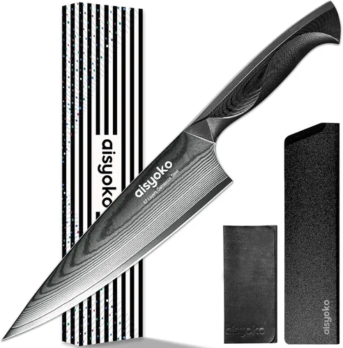 Miniatura 11 de aisyoko Damasco - Cuchillo de chef de 6.5 pulgadas, cuchillo de cocina afilado Japón VG-10, acero inoxidable al carbono, ultra afilado, mango