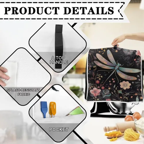 Miniatura 4 de Funda para batidora de pie de libélula bohemia compatible con mezclador de cocina de 4.5 a 5 cuartos de galón, a prueba de polvo, cubierta