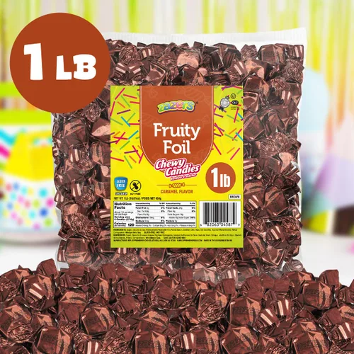 Miniatura 7 de Zazers Caramelo masticable de caramelo marrón – Bolsa de 1 libra de caramelo masticable Zazers Fruity Foil – Sabor caramelo, envuelto