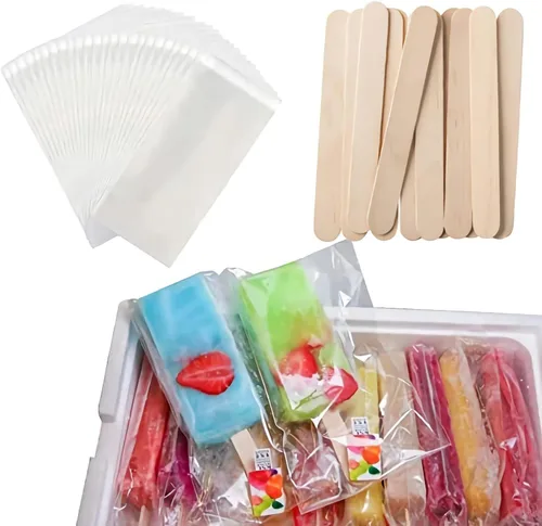 Miniatura 2 de Miaowoof 200 palitos de paletas y 200 bolsas, palitos de hielo y bolsas para helado, envoltorios y palitos transparentes autoadhesivos