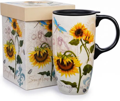 Miniatura 10 de Topadorn Taza de cerámica de café de porcelana con tapa en caja de regalo de 17 onzas, tazas de café novedosas para hombres, mujeres, oficina y Abeja