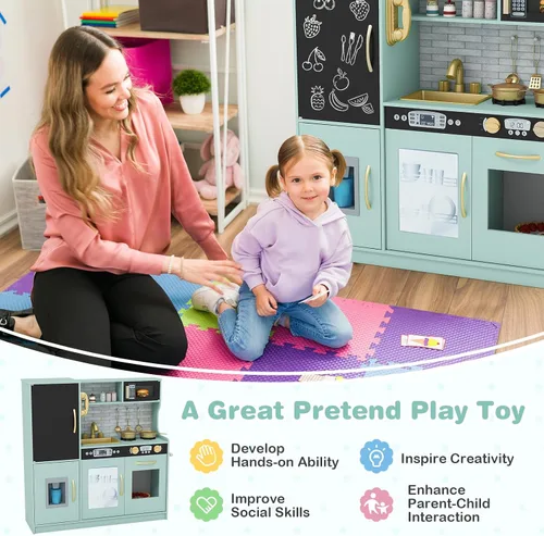Miniatura 7 de Juego de cocina, juguete de cocina de madera para niños con microondas, nevera, horno fácil de hornear, pizarra y máquina de hielo, juguetes de Verde