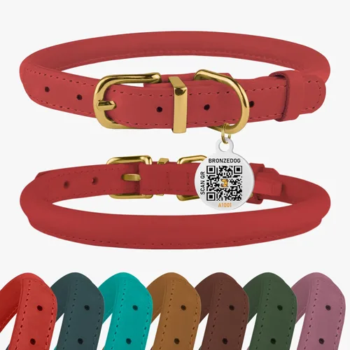 Miniatura 11 de Collar de cuero enrollado, redondo, suave y ajustable con placa de identificación por QR para perro pequeño, mediano y grande, cachorro y gato Rosa
