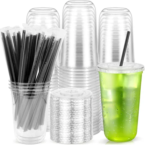 Miniatura 9 de Paquete de 100 vasos de plástico transparente con tapas planas y pajitas, tazas desechables de 12 onzas para café helado, vasos de plástico