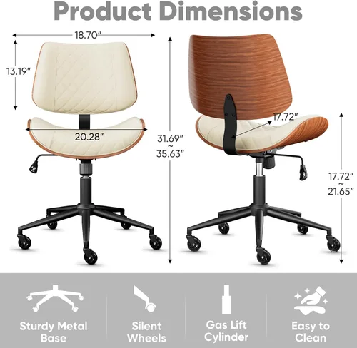 Miniatura 3 de Silla de escritorio de oficina en casa con ruedas giratorias, moderna silla de oficina sin brazos de piel sintética, pequeña silla de computadora