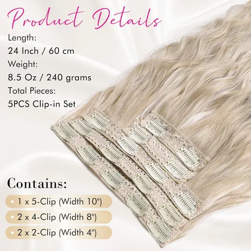 Miniatura 7 de REECHO Extensiones de cabello con clip, 5 piezas, de 24 pulgadas, de color rubio ceniza, extensiones de cabello con ondas largas y sueltas, HE002