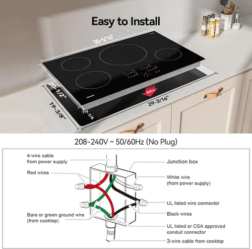Miniatura 5 de Placa de Inducción de 30 Pulgadas de 7400W, Placa de Inducción Empotrable con 4 Quemadores Boost, Temporizador y Bloqueo de Seguridad Infantil, 9