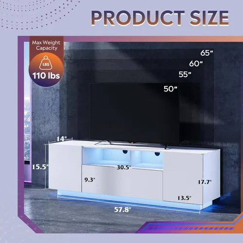 Miniatura 2 de WLIVE Moderno soporte de TV para TV de 65 pulgadas, centro de entretenimiento con estantes abiertos ajustables y luces LED RGB, consola multimedia