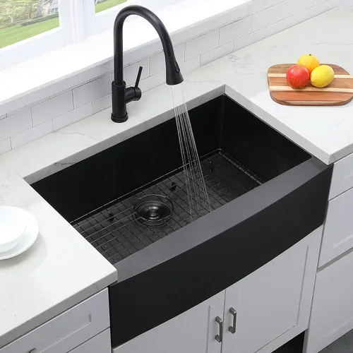 Miniatura 2 de Fregadero de granja negro Hotis, fregadero de granja de 33 pulgadas, fregadero de cocina de granja de acero inoxidable 304 con delantal, fregadero