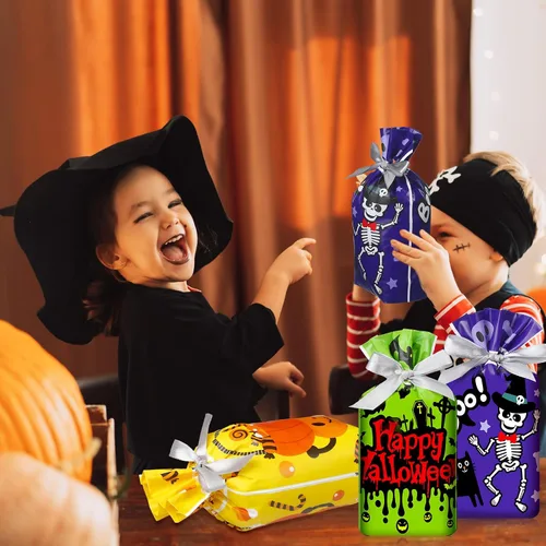 Miniatura 5 de Aliceset 50 bolsas pequeñas de regalo con cordón de Halloween – Bolsas de plástico de regalo de esqueleto de araña, fantasma, para Halloween