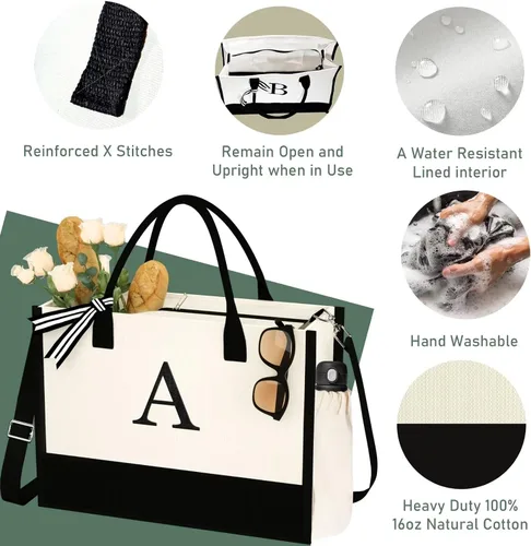 Miniatura 7 de Bolsa de Lona con Inicial - Bolsas de Compras Reutilizables, Canasta de Regalos de Cumpleaños para Damas de Honor, Amigas y Maestras for
