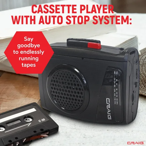 Miniatura 6 de Craig Reproductor de cassette estéreo/grabadora con auriculares: radio AM/FM portátil y sistema de grabación de un solo toque