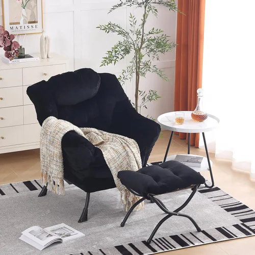 Miniatura 41 de Furlide Silla Perezosa Moderna con Reposapiés Plegable, Sillón de Descanso y Cómoda Silla de Lectura (Negro)