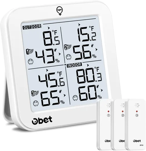 Miniatura 8 de OBET Termómetro inalámbrico para interiores y exteriores con 3 sensores, estación meteorológica, monitor de temperatura y humedad, rango de 500 pies