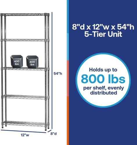 Miniatura 6 de Shelving Inc. Estantería de alambre cromado de 8 pulgadas de profundidad x 12 pulgadas de ancho x 54 pulgadas de alto con estantes de 5 niveles