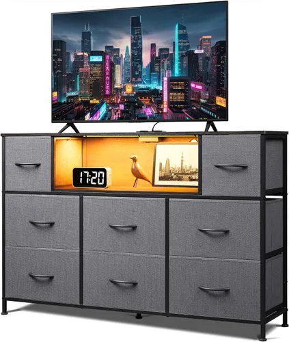 Miniatura 16 de Soporte de TV negro para TV de 45, 50, 55 pulgadas, mesa consola multimedia de TV con luces LED y estación de carga, centro de entretenimiento con 8