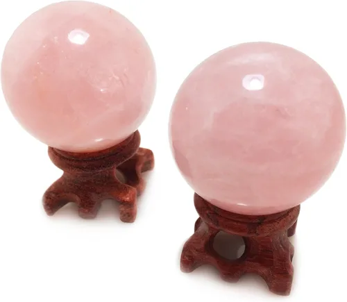 Miniatura 2 de Polar Jade Juego de 2 esferas de cristal de cuarzo rosa natural con soportes de madera, bolas de exhibición pulidas a mano de 45 mm (1.8")