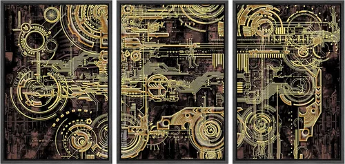 wall26 Lienzo enmarcado para pared, juego de arte futurista amarillo de ciencia ficción y fantasía con ruedas de tren, ilustraciones de forma