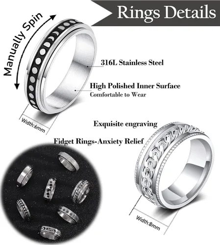 Miniatura 2 de KOHOTA Anillos para ansiedad de acero inoxidable para mujeres y hombres, anillos de ansiedad, anillos giratorios para la ansiedad, alivio