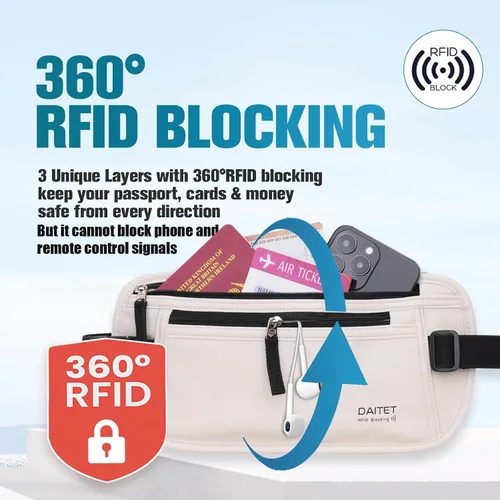 Miniatura 106 de DAITET Cinturón de dinero, soporte para pasaporte, cartera de viaje oculta segura con bloqueo RFID, riñonera encubierta (negro), Negro, Rfid