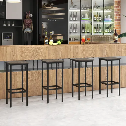 Miniatura 4 de COSTWAY Juego de 4 taburetes de bar industriales, sillas cuadradas sin espalda de 26 pulgadas con marco de metal y reposapiés, taburetes de altura
