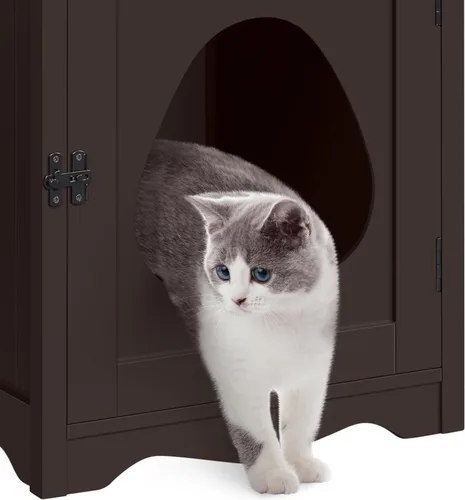 Miniatura 7 de Yaheetech Caja de arena para gatos, muebles ocultos con barra de toalla lateral, baño de madera para gatos, gabinete de almacenamiento, casa Espresso