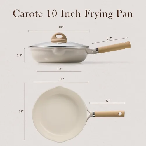 Miniatura 2 de CAROTE Sartén de Cerámica de 10" con Tapa, Sartén Antiadherente Sartén de Chef, Saludable y Libre de PFOA/PFAS, Compatible con Inducción, Taupe