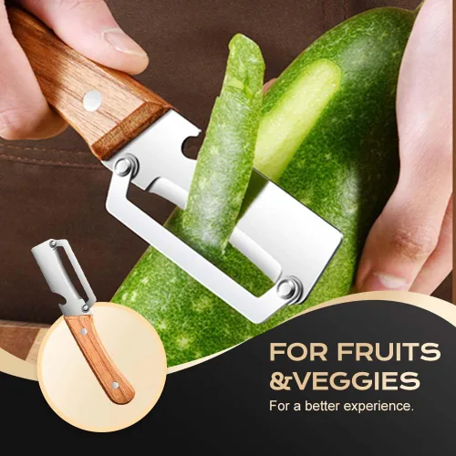 Miniatura 8 de Pelador de verduras con mango de madera, pelador de frutas multifuncional para cocina, pelador de cuchillas de acero inoxidable con abridor de (3pc)
