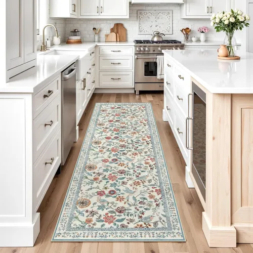 Miniatura 7 de Rugalia Alfombra de pasillo floral azul, alfombra lavable de 2 x 6 pies para pasillos, antideslizante, suave, de pelo bajo, con flores, pájaros, Rosa